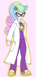 Size: 405x850 | Tagged: safe, artist:combatkaiser, princess celestia, principal celestia, equestria girls, g4, clothes, costume swap, glasses, hairstyle swap, johnny test, lab coat, mary test, pink background, simple background