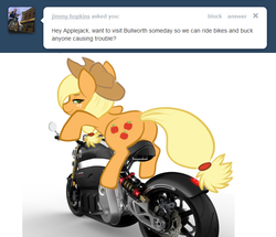 Size: 667x574 | Tagged: safe, applejack, g4, ask, female, motorcycle, solo, tumblr