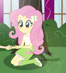 Size: 2614x2907 | Tagged: safe, artist:sumin6301, fluttershy, equestria girls, g4, blushing, boots, clothes, cute, fingernails, high heel boots, high res, lens flare, music notes, nail clipper, offscreen character, skirt, socks, solo focus, tank top, tree