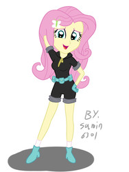 Size: 2000x2666 | Tagged: safe, artist:sumin6301, fluttershy, equestria girls, g4, arm behind head, clothes, cute, dangerous mission outfit, female, gloves, high res, looking at you, open mouth, simple background, smiling, solo, white background