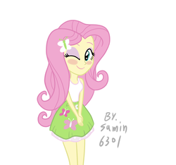 Size: 1644x1536 | Tagged: safe, artist:sumin6301, fluttershy, equestria girls, g4, blushing, clothes, cutie mark on clothes, female, fluttershy's skirt, legs together, skirt, solo, tank top, wink