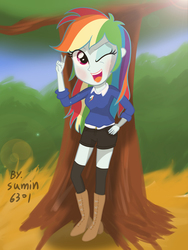 Size: 2000x2666 | Tagged: safe, artist:sumin6301, rainbow dash, equestria girls, g4, alternate clothes, boots, clothes, female, high res, hot pants, solo, stockings, sweater, wink