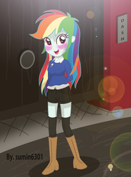 Size: 2424x3256 | Tagged: safe, artist:sumin6301, rainbow dash, equestria girls, g4, alternate clothes, blushing, boots, clothes, female, high res, hot pants, solo, stockings, sweater