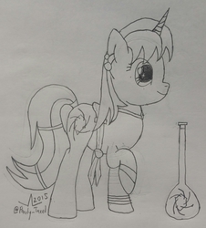 Size: 2128x2350 | Tagged: safe, artist:parclytaxel, oc, oc only, oc:parcly taxel, alicorn, genie, genie pony, pony, albumin flask, alicorn oc, bottle, bracelet, djinn, earring, high res, horn, horn ring, lineart, monochrome, necklace, raised hoof, shantae, size chart, smiling, solo, tail wrap, traditional art