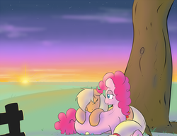 Size: 1200x927 | Tagged: safe, artist:scherzo, applejack, pinkie pie, g4, female, lesbian, ship:applepie, shipping, sleeping, sunset