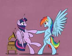 Size: 1500x1159 | Tagged: safe, artist:scherzo, rainbow dash, twilight sparkle, alicorn, pony, g4, :o, bipedal, dancing, eye contact, female, gramophone, lesbian, mare, music notes, open mouth, record player, ship:twidash, shipping, smiling, spread wings, twilight sparkle (alicorn)