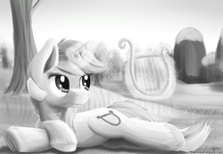 Size: 6400x4400 | Tagged: safe, artist:niegelvonwolf, lyra heartstrings, g4, absurd resolution, female, grayscale, lyre, magic, monochrome, musical instrument, solo, telekinesis, underhoof, unshorn fetlocks