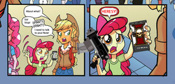 Size: 1038x499 | Tagged: safe, idw, apple bloom, applejack, pinkie pie, equestria girls, g4, my little pony: equestria girls holiday special, spoiler:comic, apple bloom's phone, bolter, exploitable meme, heresy, inquisition, meme, warhammer (game), warhammer 40k