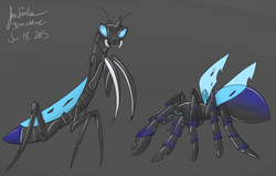 Size: 1280x815 | Tagged: safe, artist:jonfawkes, changeling, mantis, tarantula, 30 minute art challenge, gray background, simple background