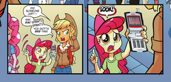 Size: 1038x499 | Tagged: safe, idw, official comic, apple bloom, applejack, pinkie pie, equestria girls, g4, my little pony: equestria girls holiday special, apple bloom's phone, comic edit, crossover, faiz driver, kamen rider, kamen rider faiz