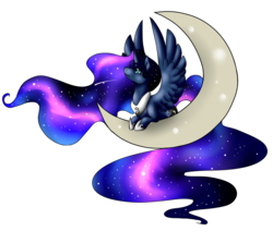 Size: 1024x912 | Tagged: safe, artist:baffleddingo, princess luna, g4, female, moon, prone, simple background, solo, spread wings, tangible heavenly object, transparent background