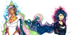 Size: 2384x1161 | Tagged: safe, artist:pikanerd, princess celestia, princess luna, human, g4, humanized, traditional art