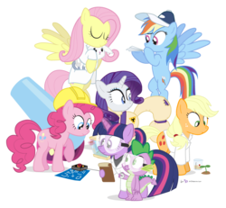 Size: 795x735 | Tagged: safe, artist:dm29, angel bunny, applejack, fluttershy, pinkie pie, rainbow dash, rarity, spike, twilight sparkle, g4, blueprint, clipboard, cute, doctor fluttershy, goggles, hard hat, hat, hazmat suit, mane six, paper airplane, party cannon, safety goggles, science, seedling, simple background, stethoscope, stopwatch, transparent background