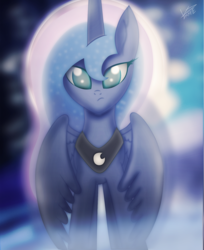 Size: 1541x1893 | Tagged: safe, artist:vipeydashie, princess luna, g4, female, frown, glare, looking at you, solo, spread wings, unamused