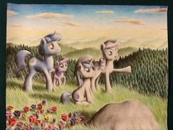Size: 960x720 | Tagged: safe, artist:jac59col, night light, shining armor, twilight sparkle, twilight velvet, pony, g4, flower, forest, grass, rose, sparkle family, traditional art, younger
