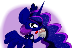 Size: 1200x800 | Tagged: safe, artist:lovehtf421, princess luna, g4, cake, eating, female, impossibly large ears, solo, spread wings, tongue out