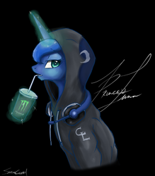 Size: 2604x2970 | Tagged: safe, artist:sakuracheetah, princess luna, g4, black background, clothes, drink, female, headphones, high res, hoodie, levitation, looking at you, magic, simple background, solo