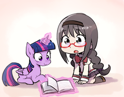 Size: 651x511 | Tagged: safe, artist:baekgup, twilight sparkle, alicorn, human, pony, g4, book, crossover, female, glasses, homura akemi, magic, mare, puella magi madoka magica, telekinesis, twilight sparkle (alicorn)