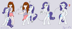 Size: 4955x1990 | Tagged: safe, artist:skyspeardraw, rarity, human, anthro, g4, blue eyes, brown hair, clothes, costume, digital art, female, gray background, human female, human to anthro, light skin, mare, mc, mind control, pony coloring, ponysuit, purple hair, purple mane, purple tail, shirt, simple background, skirt, transformation