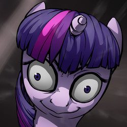 Size: 2000x2000 | Tagged: safe, artist:verulence, twilight sparkle, pony, unicorn, g4, death note, derp, female, high res, kubrick stare, light yagami, nightmare fuel, smiling, solo, twilight snapple, twilight yagami, unicorn twilight, wide eyes