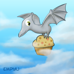 Size: 1000x1000 | Tagged: safe, artist:empyu, derpy hooves, pterosaur, g4, female, muffin, solo, species swap