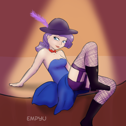 Size: 1000x1000 | Tagged: safe, artist:empyu, rarity, human, g4, boots, breasts, choker, clothes, dress, female, fishnet stockings, garter belt, garters, hat, humanized, indoors, pose, shoes, sitting, solo, spotlight, stage, strapless