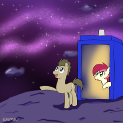 Size: 1000x1000 | Tagged: safe, artist:empyu, doctor whooves, roseluck, time turner, earth pony, pony, g4, doctor who, duo, tardis