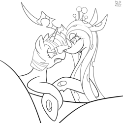 Size: 2048x2048 | Tagged: safe, artist:briarspark, queen chrysalis, twilight sparkle, changeling, pony, unicorn, g4, boop, high res, monochrome, noseboop