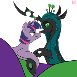 Size: 2048x2048 | Tagged: safe, artist:briarspark, queen chrysalis, twilight sparkle, changeling, changeling queen, pony, unicorn, g4, angry, boop, female, glare, high res, noseboop, smiling