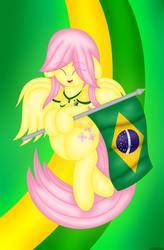 Size: 2300x3500 | Tagged: safe, artist:jcace, fluttershy, pegasus, pony, g4, brazil, clothes, eye clipping through hair, eyebrows, eyebrows visible through hair, eyes closed, female, flag, high res, jersey, mare, open mouth, open smile, signature, slowpoke, smiling, solo, spread wings, wings