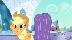 Size: 1280x720 | Tagged: safe, screencap, applejack, g4, the crystal empire, all new, russian, text, youtube link, youtube poop