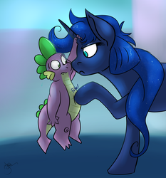 Size: 1280x1375 | Tagged: safe, artist:jorobro, princess luna, spike, alicorn, dragon, pony, daily life of spike, g4, colored pupils, female, frown, literal, mare, poking, sweat, unamused