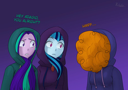 Size: 877x620 | Tagged: safe, artist:kibate, adagio dazzle, aria blaze, sonata dusk, equestria girls, g4, big hair, clothes, confused, dialogue, female, frown, funny as hell, gradient background, hair, hidden face, hoodie, muffled, purple background, reality ensues, signature, simple background, sweater, the dazzlings, unamused, wide eyes, worried