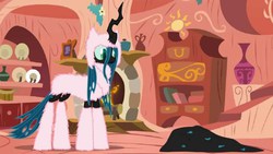 Size: 1280x720 | Tagged: safe, artist:mixermike622, queen chrysalis, oc, oc:fluffle puff, changeling, changeling queen, tumblr:ask fluffle puff, g4, blanket, female, russian, solo, youtube link
