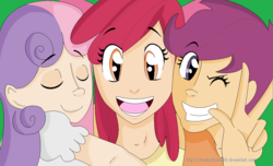 Size: 1090x664 | Tagged: safe, artist:chubbybunny56, apple bloom, scootaloo, sweetie belle, human, g4, cutie mark crusaders, humanized