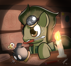 Size: 1700x1600 | Tagged: safe, artist:mister-markers, oc, oc only, oc:brass, bob-omb, earth pony, pony, candle, earth pony oc, mouth hold, pencil, screwdriver, solo, super mario bros., sweat