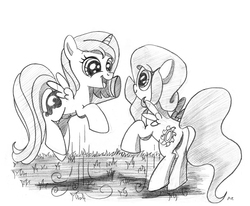 Size: 3043x2505 | Tagged: safe, artist:uminanimu, princess celestia, princess luna, g4, cewestia, filly, high res, hoofbump, monochrome, sketch, traditional art, woona, younger