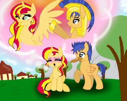 Size: 1862x1483 | Tagged: safe, artist:1231redflame, flash sentry, sunset shimmer, alicorn, pegasus, pony, unicorn, g4, alicornified, blushing, daydream, female, male, race swap, shimmercorn, ship:flashimmer, shipping, straight, wooden sword, younger