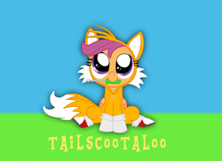 Size: 3510x2550 | Tagged: safe, artist:lightdegel, scootaloo, g4, clothes, cosplay, crossover, cute, cutealoo, high res, hoodie, male, miles "tails" prower, sonic the hedgehog (series)