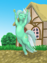 Size: 750x1000 | Tagged: safe, artist:soobel, lyra heartstrings, pony, unicorn, g4, eyes closed, female, happy, horseshoes, irrational exuberance, jumping, mare, skipping, smiling, solo, underhoof