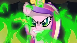 Size: 1366x768 | Tagged: source needed, safe, screencap, princess cadance, queen chrysalis, a canterlot wedding, g4, disguise, disguised changeling, fake cadance, fire, when you see it