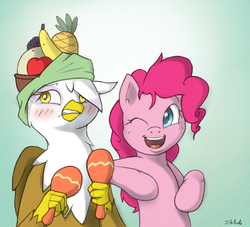 Size: 896x814 | Tagged: safe, artist:i am nude, gilda, pinkie pie, griffon, g4, blushing, cute, embarrassed, fruit, fruit hat, hat, maracas, musical instrument, smiling