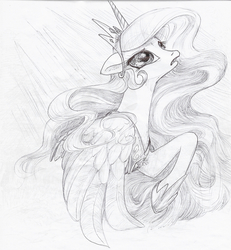 Size: 2414x2616 | Tagged: safe, artist:violetsquiggles, princess celestia, g4, fanfic art, female, high res, monochrome, solo, traditional art