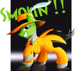 Size: 1614x1500 | Tagged: safe, artist:ruhisu, earth pony, pony, clothes, crossover, hat, male, mask, ponified, smiling, solo, stallion, the mask, tuxedo