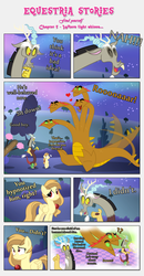 Size: 2429x4666 | Tagged: safe, artist:estories, discord, oc, oc:alice goldenfeather, draconequus, hydra, pegasus, pony, comic:find yourself, g4, comic, flashback, multiple heads, tree