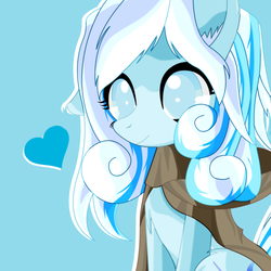 Size: 700x700 | Tagged: safe, artist:an-m, oc, oc only, oc:snowdrop, pegasus, pony, blue background, bust, chest fluff, cloak, clothes, ear fluff, female, filly, floating heart, heart, leg fluff, simple background, sitting, smiling, solo