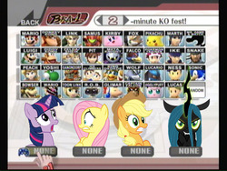 Size: 640x480 | Tagged: safe, artist:midnight-cobra, edit, applejack, fluttershy, queen chrysalis, twilight sparkle, changeling, changeling queen, earth pony, fox, jigglypuff, lucario, pegasus, pikachu, pony, puffball, unicorn, yoshi, g4, bowser, captain falcon, crossover, diddy kong, donkey kong, falco lombardi, fanfic, fanfic art, fanfic cover, female, fox mccloud, frown, ganondorf, glare, glowing horn, gritted teeth, horn, ice climbers, ike, king dedede, kirby, kirby (series), link, looking at you, lucas, luigi, male, mare, mario, marth, meta knight, mr. game & watch, naked snake, ness, olimar, parody, pit (kid icarus), pokémon trainer, princess peach, princess zelda, r.o.b., robotic operating buddy, roster, samus aran, scared, sheik, smirk, solid snake, sonic the hedgehog, sonic the hedgehog (series), star fox, super mario bros., super smash bros., super smash bros. brawl, the legend of zelda, toon link, unicorn twilight, wario, wide eyes, wolf o'donnell