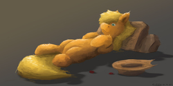 Size: 2300x1148 | Tagged: safe, artist:fuzzyfox11, applejack, g4, bellyrubs, female, fluffy, looking at you, on back, smiling, solo