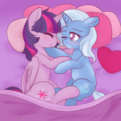 Size: 900x900 | Tagged: safe, artist:pegacornss, trixie, twilight sparkle, alicorn, pony, g4, bed, blushing, cuddling, female, horn, horns are touching, lesbian, mare, ship:twixie, shipping, snuggling, twilight sparkle (alicorn)