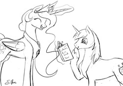 Size: 1280x891 | Tagged: safe, artist:silfoe, princess celestia, shining armor, royal sketchbook, g4, book, eyes closed, grayscale, grin, laughing, levitation, magic, monochrome, raised hoof, scrapbook, shiny eyes, silfoe is trying to murder us, sketch, smiling, want